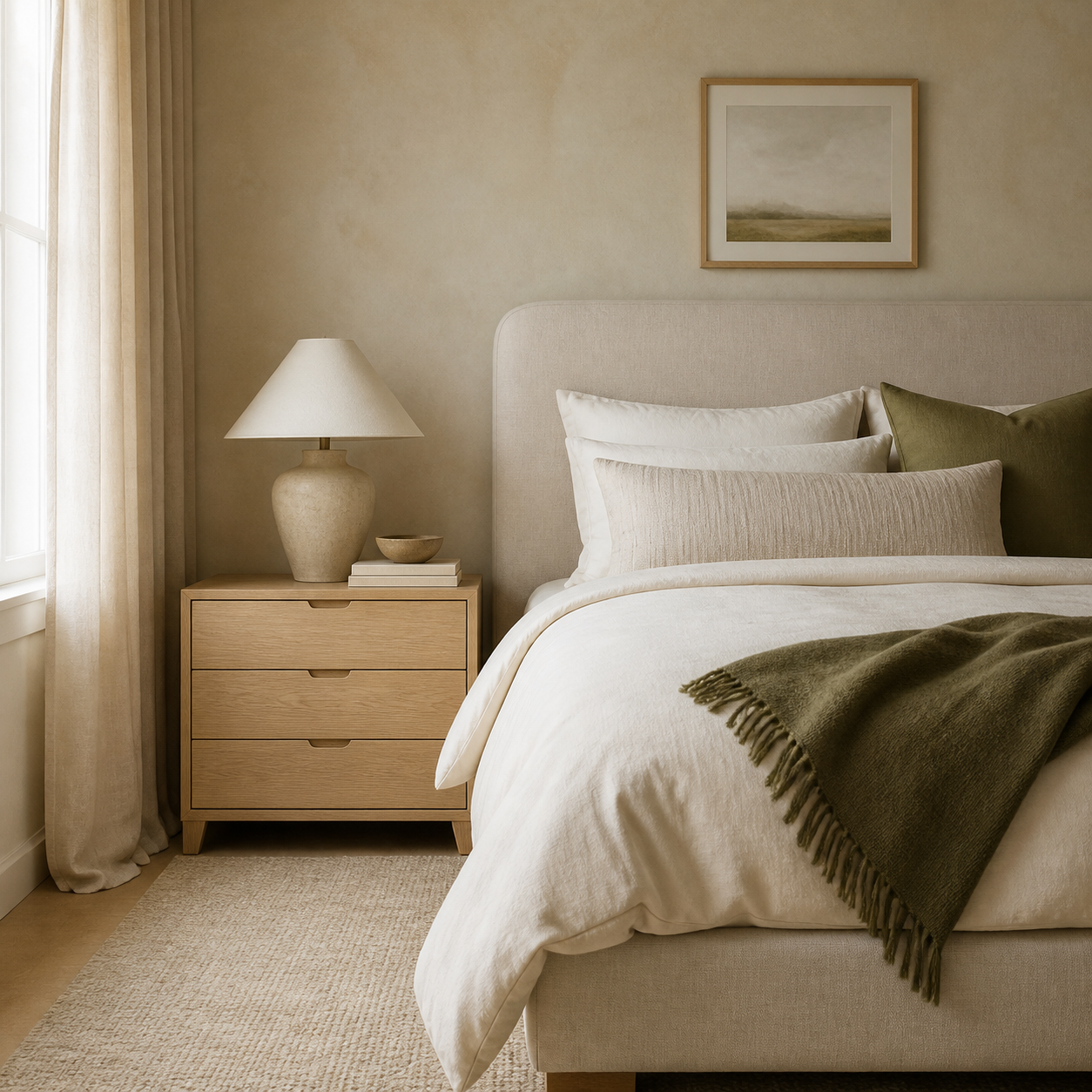 Calm neutral bedroom with layered linen bedding