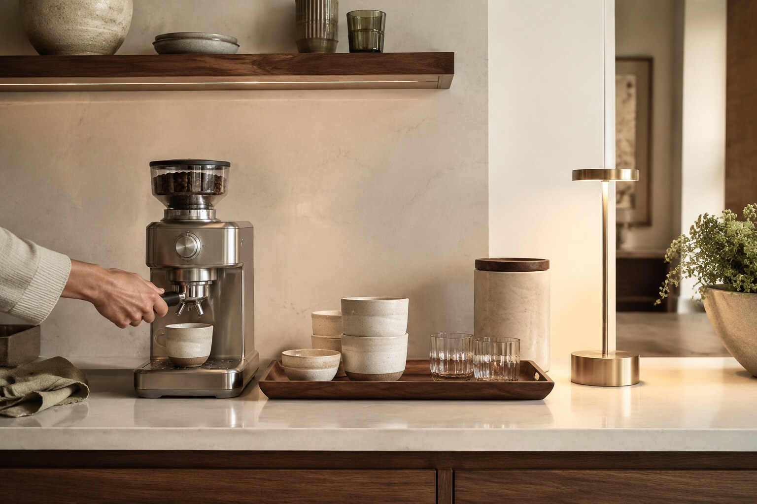 Elegant home coffee station with espresso machine, walnut tray, ceramic cups, and warm table lamp