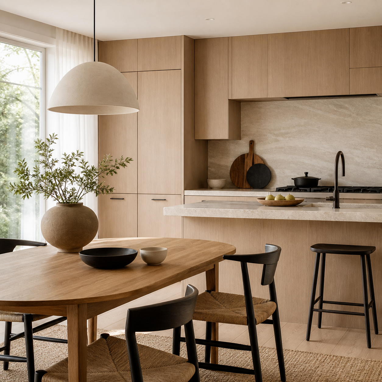 Warm contemporary kitchen and dining space
