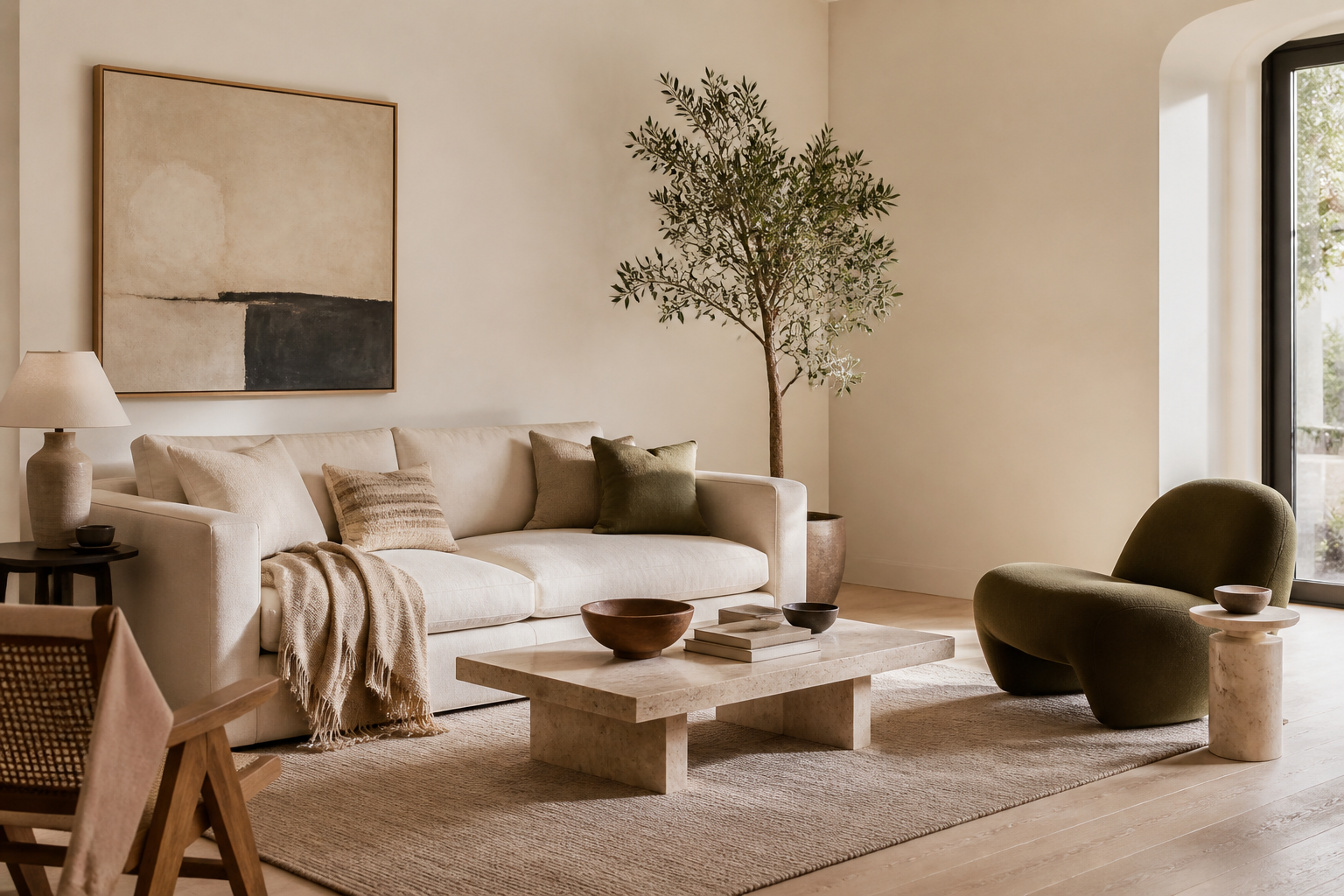 Warm contemporary living room with neutral furnishings