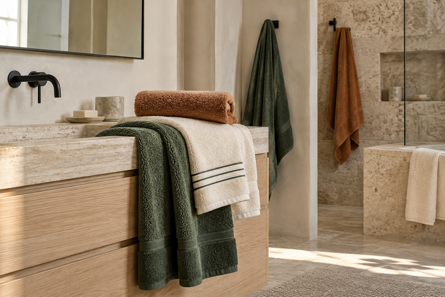 Organic cotton towels in pine green, warm clay and ivory in a modern stone bathroom
